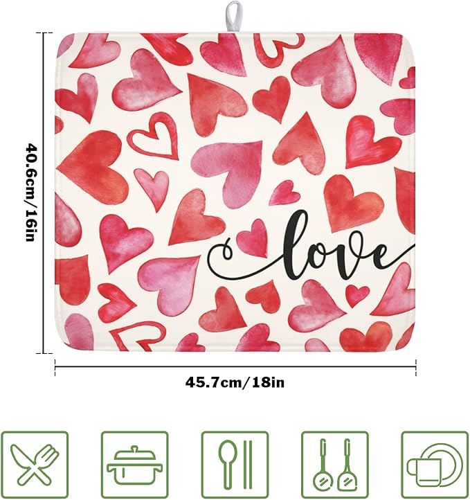 Valentine's Day Dish Drying Mat 16 x 18 Inch Heart Shaped Dish Drying Pad - Image 2