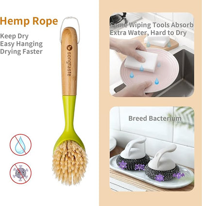 2 Pack Kitchen Dish Brush Bamboo Handle Dish Scrubber Built-in Scraper - Image 2