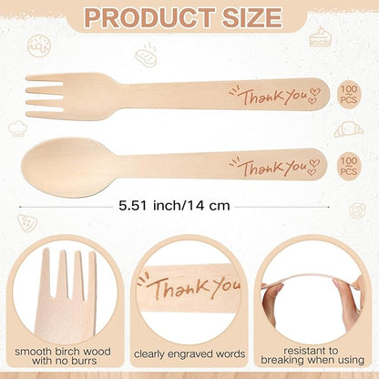 LemonRoad 200 Pcs Thank You Disposable Wooden Cutlery Set Bamboo Utensils 100 - Image 2