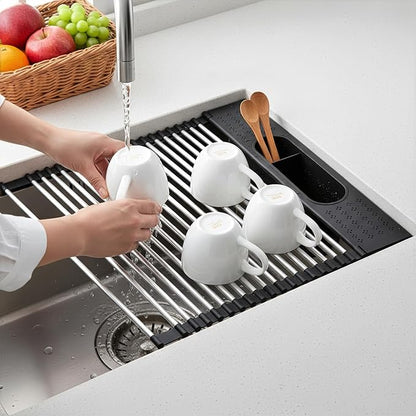 Roll Up Dish Drying Rack Over Sink, 17.5" x 15.2" Foldable SUS304 Stainless - Image 5