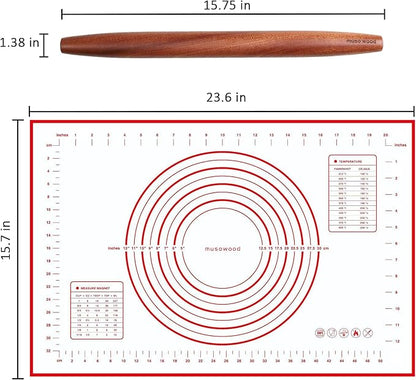 Muso Wood French Rolling Pin and Silicone Baking Mat Set, Sapele Wooden Rolling - Image 2