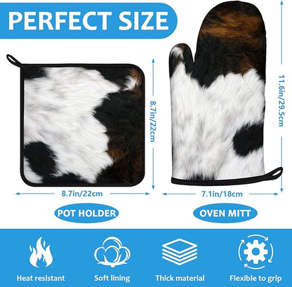 Brown Cowhide Oven Mitts and Pot Holders Sets Heat Resistant 4Pcs Potholders - Image 2