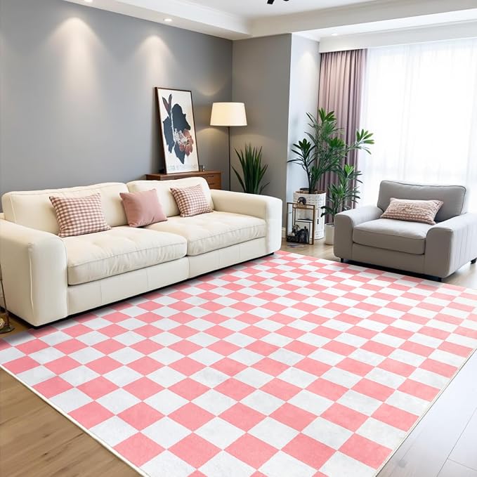 Terrug Pink and White Checkered Rug by TerrugHomeDecor