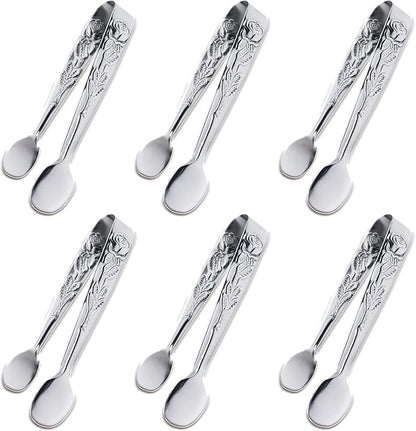 6PCS Mini Serving Tongs, 4Inch Rose Stainless Steel Sugar Cube Tongs, Sliver by Sunenlyst
