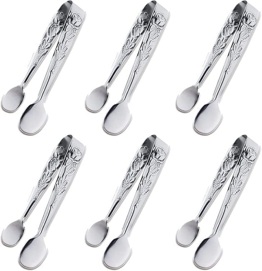 6PCS Mini Serving Tongs, 4Inch Rose Stainless Steel Sugar Cube Tongs, Sliver by Sunenlyst