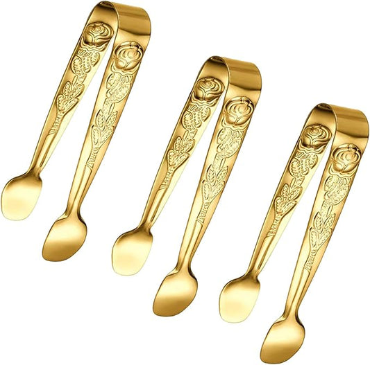 3PCS Mini Serving Tongs, 4Inch Rose Stainless Steel Sugar Cube Tongs, Sliver by Sunenlyst