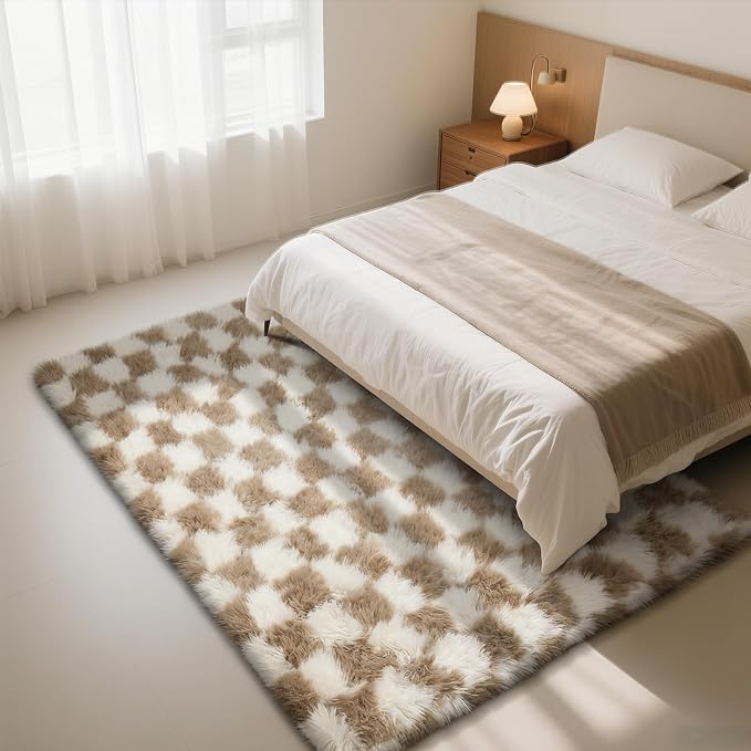 Checkered Rug for Living Room, 9x12 Beige and White Area Rugs, Classic - Image 3