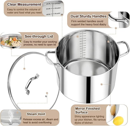 P&P CHEF 24 QT Stock Pot with Lid, Stainless Steel Large Cooking Pot, Soup - Image 3