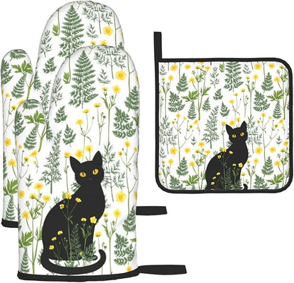 Black Cat Wildflower Hot Pads and Oven Mitts Set of 3, Spring Summer Plants by Unknown