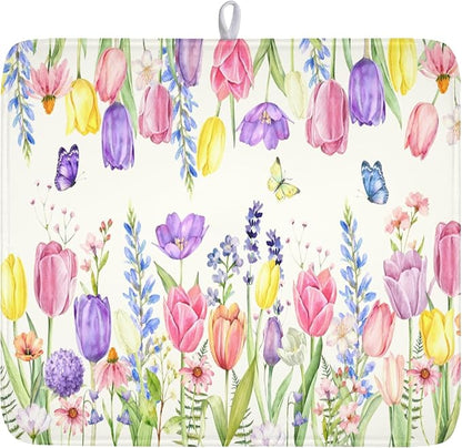 Spring Floral Dish Drying Mat for Kitchen Counter Easter Tulip Lavender Flower by Unknown