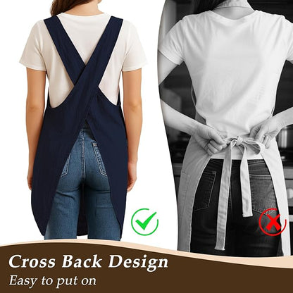 Apron for Women with Pocket Cotton Linen, Japanese Cross Back Apron for - Image 3