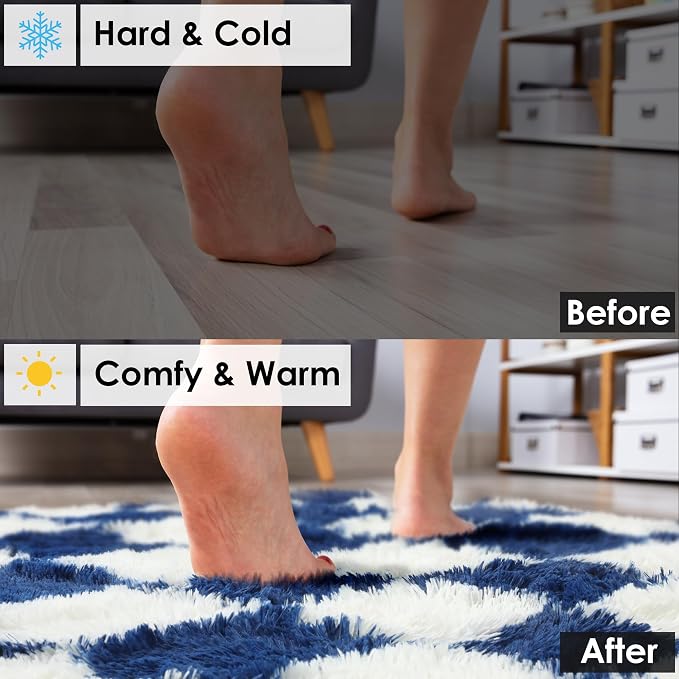 KICMOR Soft Fluffy Navy Blue and Cream White Area Rug - Image 6