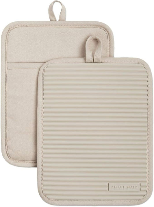 KitchenAid Ribbed Soft Silicone Pot Holder 2-Pack Set, Milkshake Tan by KitchenAid