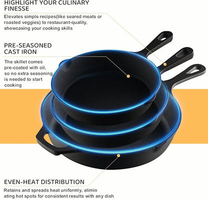 EWFEN Cast Iron Skillet 3-Piece Set, Heavy-Duty Professional Restaurant Chef - Image 7