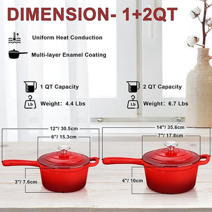 Enameled Cast Iron Sauce Pan, Leonyo 1 Qt & 2 Qt Saucepan Set, Cast Iron Dutch - Image 2