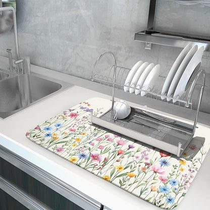 Giwawa Spring Floral Dish Drying Mat 18"x24" Watercolor Summer Wildflower Dish - Image 5