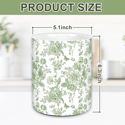 JarThenaAMCS Green Floral Ceramic Utensil Holder Vintage Flower Butterfly - Image 2