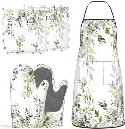Sage Green Eucalyptus Oven Mitts Watercolor Butterfly Leaves Pot Holders by Unknown