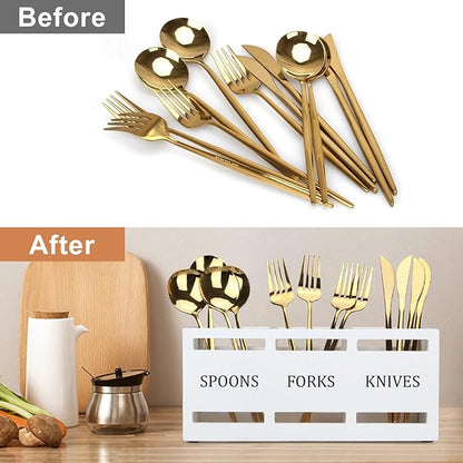 Wooden Silverware Cutlery Holder White Flatware Caddy Small Kitchen Utensil - Image 6