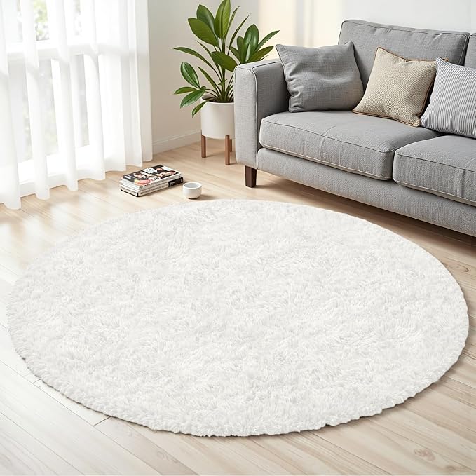 White Round Fluffy Rug 5ft, Soft Bedroom Circle Rugs Mats - Image 2