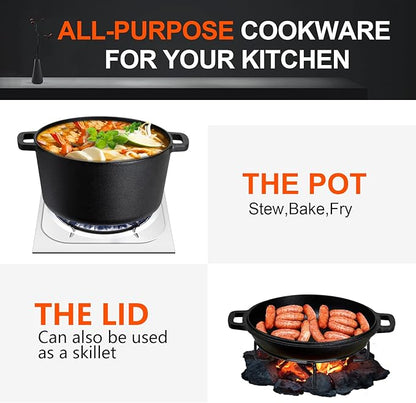 Overmont 2-in-1 Cast Iron Dutch Oven - 5QT Pre-Seasoned All-in-One Casserole - Image 6