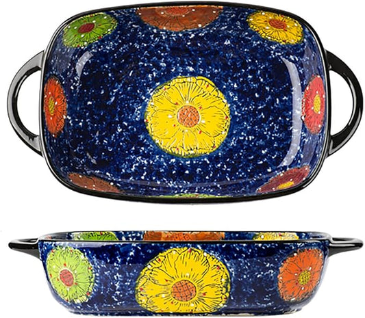 Vintage Style Pottery Bakeware Colorful Daisy Pattern Ceramic Casserole Dish by Bicuzat