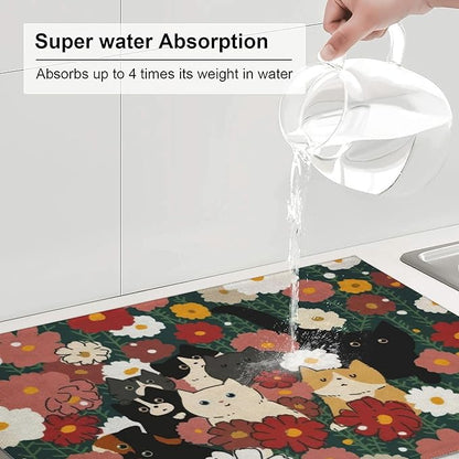 Cute Cat Flowers Dish Drying Mat 18x24 Inch, Microfiber Absorbent Fast Dry Mat - Image 5