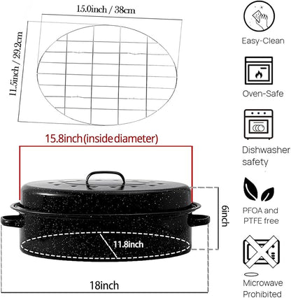 Oval Roasting Pan with Lid and Rack 18" Large Roaster Pan Set Comes With Lron - Image 2
