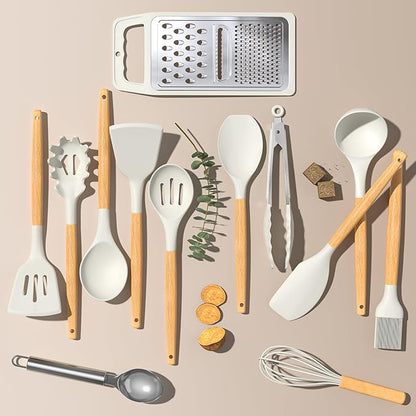 Umite Chef Silicone Kitchen Utensil Set, Cream White Wood Handles - Image 7