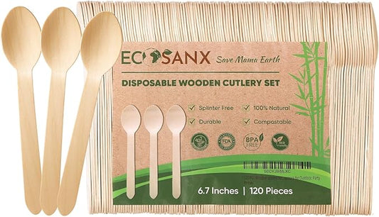 ECOSANX® 120 PCs Wooden spoons for eating, 6.5" Splinter Free small disposable by ECOSANX