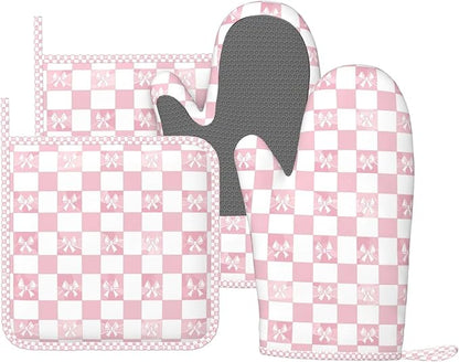 Oven Mitts and Pot Holders Pink Check Bow Pattern Silicone Kitchen Accessories by DADABULIU