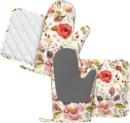 Wildflowers Floral Oven Mitts Pot Holders Set Silicone Heat Resistant Botanical - Image 2