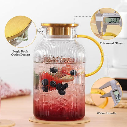 2 Pack Glass Pitchers with Lid and 2 Cups, 68oz/ 2 Liter Glass Water Pitcher - Image 3