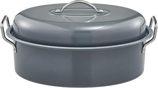 BRONYPRO Roasting Pan with Rack, 18-Inch Granite Roaster with Lid, 20 lb Capacity for Turkey, Chicken, and Vegetables, Light Gray