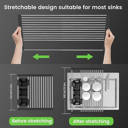 Black Expandable Roll Up Dish Drying Rack Up to 22.8''with 2 Storage Baskets - Image 3