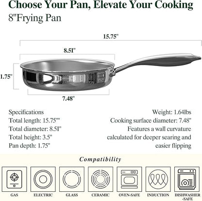 Umite Chef 5 Ply Stainless Steel Frying Pan 8 inch, Non Toxic Professional - Image 2