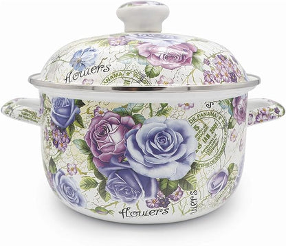 Enamel Stockpot with Lid, 2.5 Quart Retro Cooking Pot, Vintage Floral Stew Bean by OLYTARU