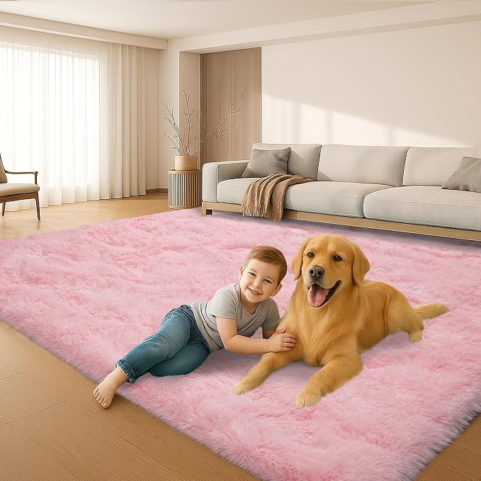 Fluffy Plush Shag Rug 5x7, Ultra Soft Cute Pink Rug - Image 5