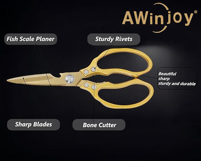 AWinjoy Japanese Gold Kitchen Scissors, Heavy Duty Stainless Steel, Dishwasher - Image 3