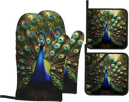 Peacock Pattern Oven Gloves and Hot Pads Set by Unknown
