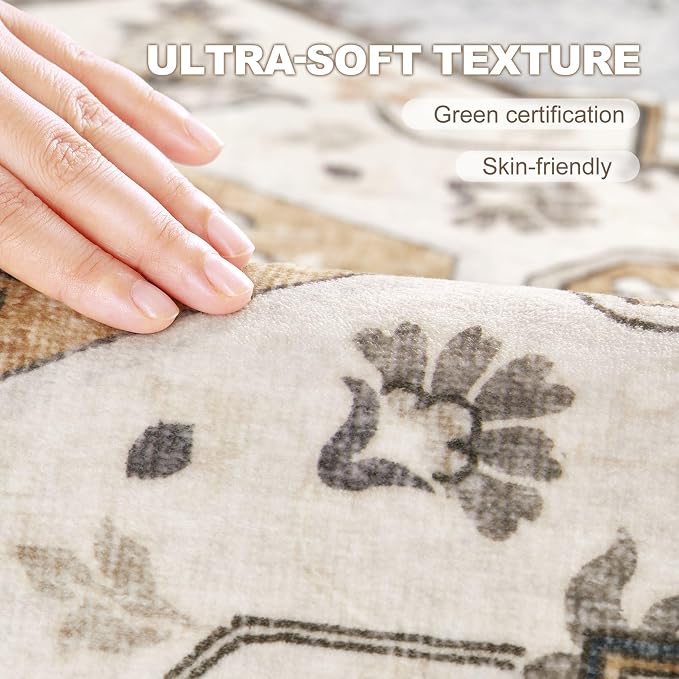8x10 Washable Area Rug: Vintage Neutral Soft Non Slip Thin Large Floor Carpet - Image 6