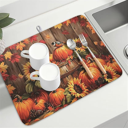 Fall Pumpkin Dish Drying Mat for Kitchen Counter Thanksgiving Autumn Harvest - Image 8