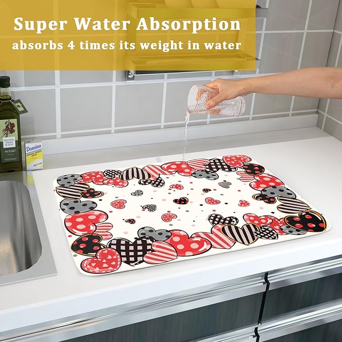 Red Heart Dish Drying Mat 18"x24" Love Dots Microfiber Dish Drainer Rack Mat - Image 7