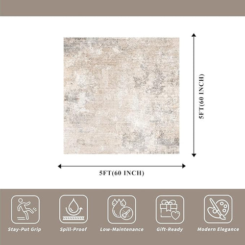 8x8 Square Living Room Area Rug – Washable Modern Neutral Abstract Indoor Rug - Image 2