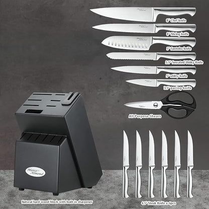 Marco Almond® Knife Set with Block KYA28, 14 Pieces Stainless Steel Chef - Image 2