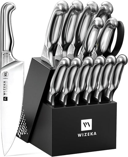 WIZEKA Kitchen Knife Set with Block: 15PCS German Stainless Steel Knife Block by WIZEKA