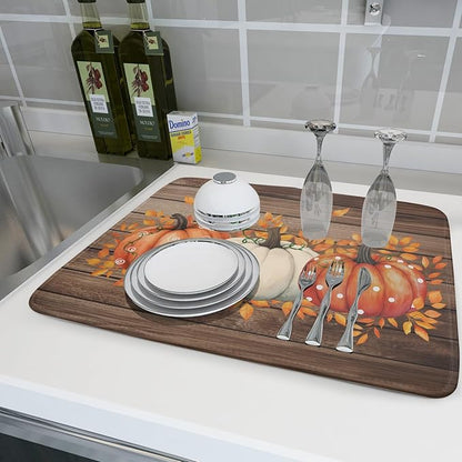 Autumn Pumpkin Dish Drying Mat Rustic Wood Dish Drainer Mats Fast Dry - Image 6