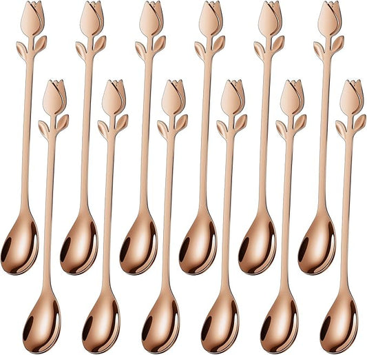 Rose Gold Tulip/Rose Handle 12-Pcs Mini Coffee Spoons Set by SGvrPvz