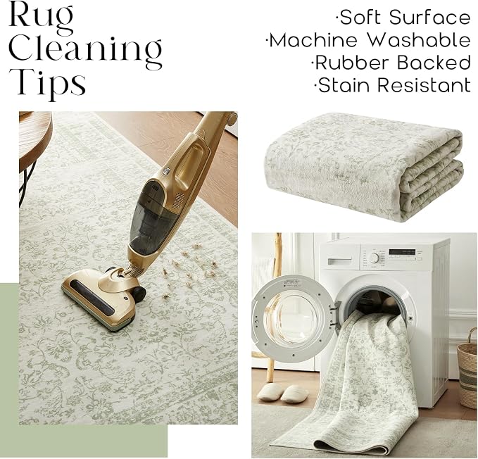 BILEEHOME Sage Green Rug for Bedroom, Boho Floral Print Washable Cottage Core - Image 4