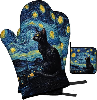 LOKMU Oven Mitts and Pot Holders Set of 3, Starry Night and Black Cat Heat - Image 2
